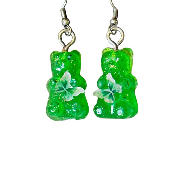 Green Glam Gummy Bear Butterfly Resin Earrings - Picture 8 of 9